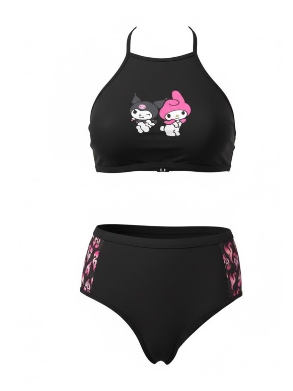 My Melody and Kuromi Flame Black Top High Waisted Swim Bottoms Womens Juniors L